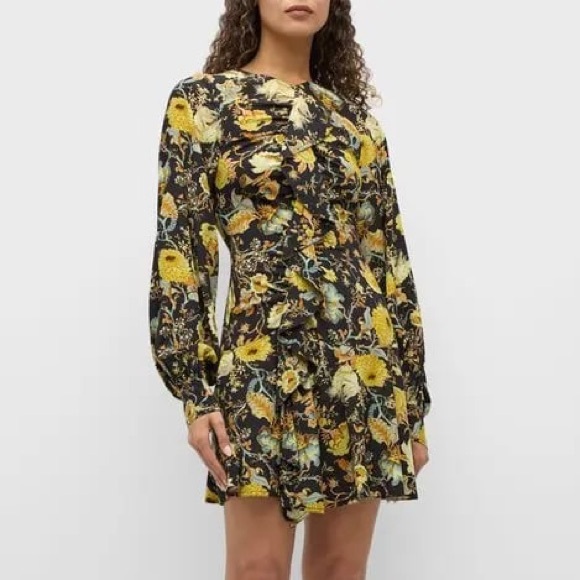 Ulla Johnson Salima Silk Ruffle High V Neck Long Sleeve Mini Dress Baroque Black